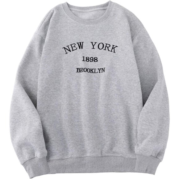 ⚡Women Grey New York 1898 Imported Graphic Crewneck Long Sleeve Sweatshirt - Picture 1 of 5